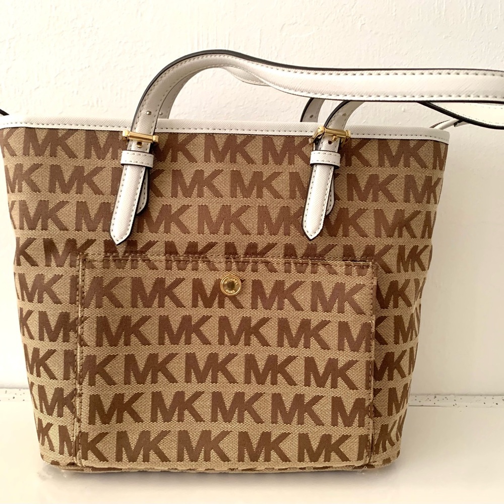 Michael Kors Brown Signature bag Monogram Tote Gold Hardware and White Trim NEW - Picture 3 of 13
